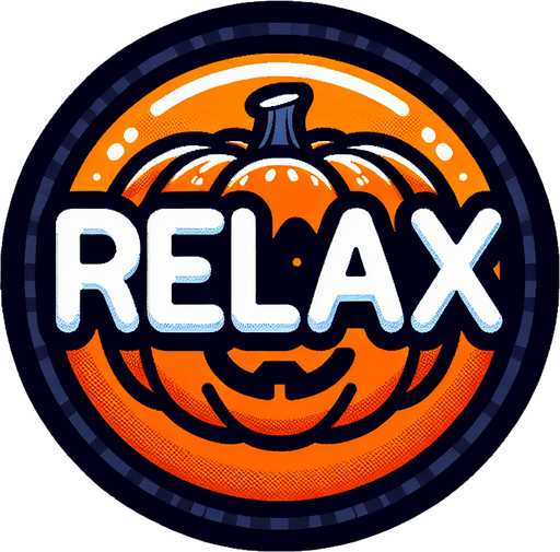 button that says relax in orange, black outline of the letters. high contrast. has a pumpkin on it
Single Game Texture. In-Game asset. 2d. Blank background. High contrast. No shadows.