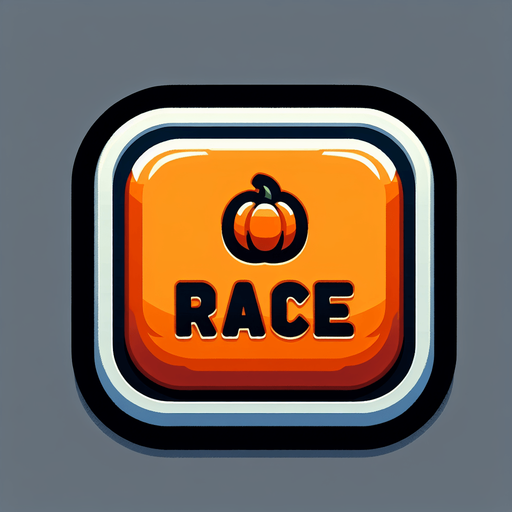 button that says race in orange, black outline of the letters. high contrast. has a pumpkin on it square button with rounded corners
Single Game Texture. In-Game asset. 2d. Blank background. High contrast. No shadows. png background