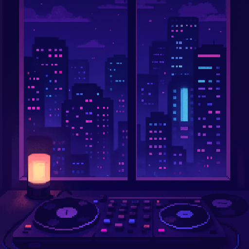 A 2048x2732 vertical pixel art background for the main menu of a rhythm game. The scene shows a moody, neon-lit cityscape at night through a big window behind a cozy, minimal DJ setup. The foreground includes soft lights, vinyl records, and glowing cables. Background buildings feature soft pulsing lights and pixel-style clouds or stars. The mood is dreamy, lo-fi, and rhythmic, with purple, indigo, and cyan tones. No characters or text, just a calm and stylish menu background..
In-Game asset.  2d.  High contrast.  No shadows