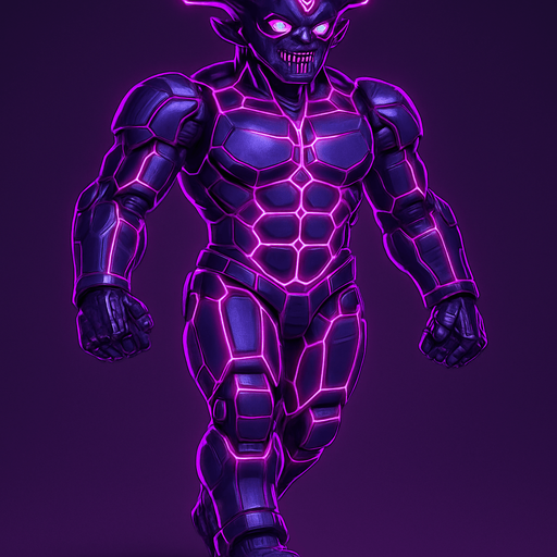 bare segmented neon cyberpunk pecs abs muscles robot monster hunk Neon cyberpunk 3d hologram corporate occult demon android mecha robot sentinel guard soldier machine monster fully in frame no part cut off no background anime futuristic Background removed, "Full-body character, entirely in frame, no cropping of face, head, or feet" "Complete character visible, from head to toe, fully centered in the image" "Entire character, including face and boots, fully within the frame" Character fully contained within a square frame, no edges cut off horns through boots Walking animation forward Neon purple