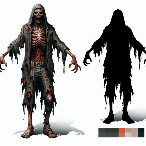 zombie.
Single Game Texture. In-Game asset. 2d. Blank background. High contrast. No shadows.