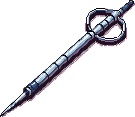 pixelart. a javelin used for olympic games and athletics. Just the spear itself, horizontally laid out in the image. It should be a slim metal spear, pointy in both ends, and with a grip somewhere off center of the shaft..
Single Game Texture. In-Game asset. 2d. Blank background. High contrast. No shadows.