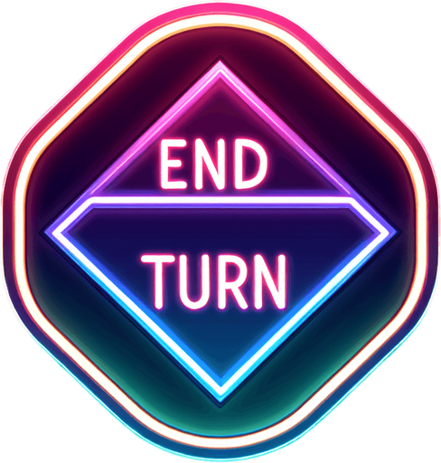A glowing horizontal arrow button that says "End Turn"..
Single Game Texture. In-Game asset. 2d. Blank background. High contrast. No shadows.