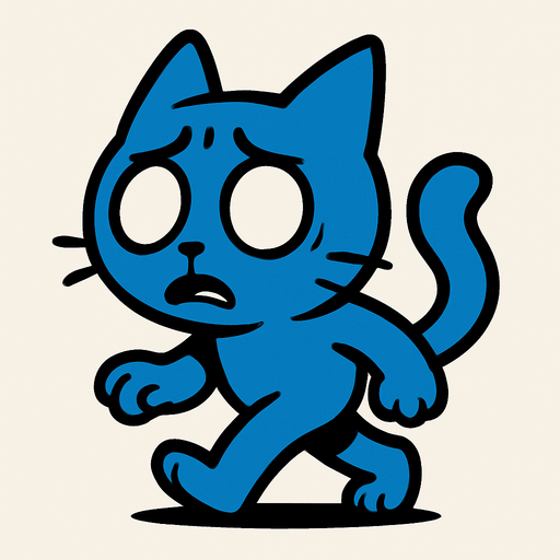 Un gato azul sin pupilas preocupado caminando.
In-Game asset.  2d.  High contrast.  No shadows