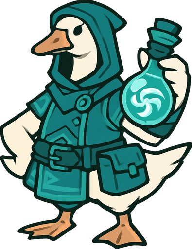 Emden Goose in Cyan Outfit of Treasure Hoarders armed with cyan anemo potion.
In-Game asset.  2d.  High contrast.  No shadows