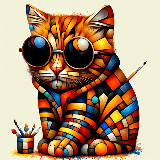 The character is reimagined as an homage to the essence of Picasso's artistry, transforming the cartoon-style orange tabby cat into a figure of abstract fascination. Its once round face now adopts an intriguing assortment of angles and planes, suggestive of Cubism's revolutionary approach, with oversized round black opaque sunglasses, and a pronounced red pout all reinterpreted through geometric distortion. The stripes of the cat's fur morph into a tapestry of fragmented shapes, blending shades and tones in unexpected juxtapositions that challenge conventional perspectives.

Splatters of color across its form not only signify its role as an artist but also pay tribute to Picasso's vibrant palette, with hues that break free from the confines of form and structure. The cat's body, while maintaining its smaller scale compared to its head, is depicted with a cubist's freedom, breaking the boundary between dimension and representation. Clutching a paintbrush, the cat becomes a beacon of creative expression, surrounded by a halo of color and form that defies the ordinary.

Adorned in a simple hoodie, now reimagined as a canvas of abstracted shapes and colors, the cat sits poised, embodying the relaxed yet profoundly transformative essence of Picasso's artistic legacy. This character, through playful abstraction and whimsical creativity, stands as a mascot for the boundless imagination of art, perfect for inspiring a love of creativity in a children's book or as a distinctive figure in any artistic endeavor."

This description embraces the spirit of Picasso's work—innovative, bold, and ever-challenging the viewer's perception—while tailoring the essence to fit the unique character of this artistic cat..
Single Game Texture. In-Game asset. 2d. Blank background. High contrast. No shadows.