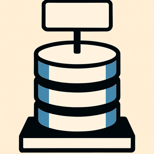 DataBase, looks like a regular DB, circels one on each other, but with a  thick heavy base under it that it stands on it. The base is a simple rectangle, and above the DB there is an empty sign.
The whole picture is in ratio of 400 on 600.
In-Game asset.  2d.  High contrast.  No shadows