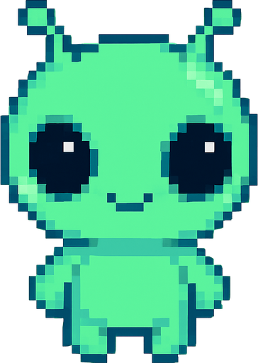 El alien debe ser un personaje pequeño y tierno, con piel verde o azul brillante, cabeza grande en forma ovalada, ojos negros y brillantes de estilo caricatura, y dos antenitas cortas que se muevan ligeramente; su cuerpo debe ser redondeado y compacto, con brazos y piernas cortas, dando una apariencia amigable y divertida; el diseño debe ser en estilo 2D o pixel art suave, con una animación sutil como parpadeo o balanceo, y fondo transparente para integrarse bien en un juego colorido y casual..
In-Game asset.  2d.  High contrast.  No shadows