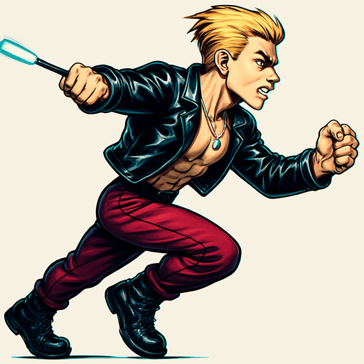 Camera-facing arm forward, camera facing leg back, reversed limbs position, Cyberpunk manga, side profile view running animation frames, shiny black leather biker jacket longsleeves shirtless thin abs pecs necklaces gemstone tipped wand, action shot wand pointed straight in front arm extended wand casting spell fierce fashion pose animation blonde undercut pompadour, vampire fangs, wine red joggers, combat boots, Background removed, "Full-body character, entirely in frame, no cropping of face, head, or feet" "Complete character visible, from head to toe, fully centered in the image" "Entire character, including face and boots, fully within the frame" Character fully contained within a square frame, no edges cut off,