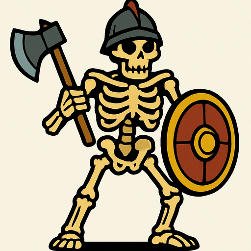 un esqueleto grande, con un hacha, un caso y escudo.
In-Game asset.  2d.  High contrast.  No shadows