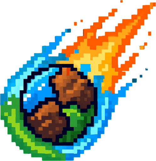 Generame unm meteorito pixelar elemental con todos los elementos.
In-Game asset.  2d.  High contrast.  No shadows