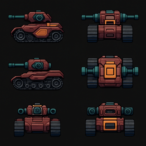 Pack of different future tank enemy have 2 turrets on its 2 sides, different frames of it facing the screen by sides from the left side, right side, top,bottom,front,back, HD colors.
In-Game asset.  2d.  High contrast.  No shadows