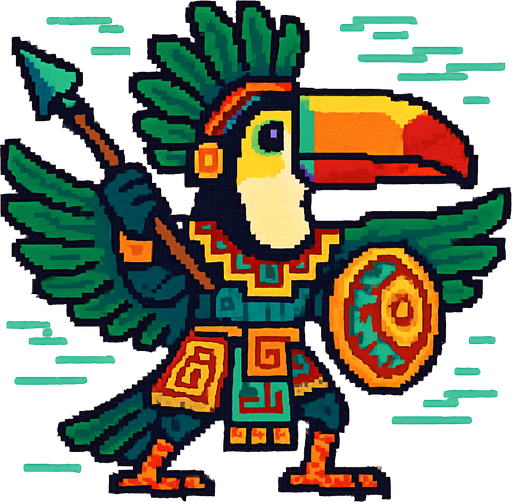 Generame un guerrero azteca con patrones, estilo pixelar, además será Tucán toco , unidad voladora con alas, con efectos de viento. Tiene que ser un animal..
In-Game asset.  2d.  High contrast.  No shadows