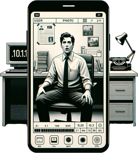 A clean mobile app interface designed to display photos from a user’s phone, with a retro aesthetic for the displayed image. The screen showcases a single black-and-white photo, styled to mimic a grainy 90s film capture. The photo shows a young man in his 30s, sitting in an office chair and looking surprised at the camera as if caught off guard.

The office environment is cluttered with retro elements like a CRT monitor, stacks of papers, a desk lamp, and a vintage rotary phone. The monitor subtly displays binary code '1011,' hidden among other on-screen data. The photo frame has faint edges, resembling a classic film border, with subtle scratches and grain to enhance the retro feel. The app interface itself is minimal, with a back arrow at the top-left and a small menu icon at the top-right, keeping the focus on the photograph..
Single Game Texture. In-Game asset. 2d. Blank background. High contrast. No shadows.