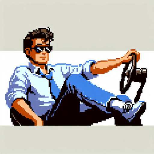 pixel art image of a 30-year-old cool-looking driver guy in a vintage retro 1980s style, depicted in a 3/4 view. The driver should be leaning back casually, exuding confidence and style, with one hand on the wheel as if driving. Single Game Texture. In-Game asset. 2d. Blank background. High contrast. No shadows.