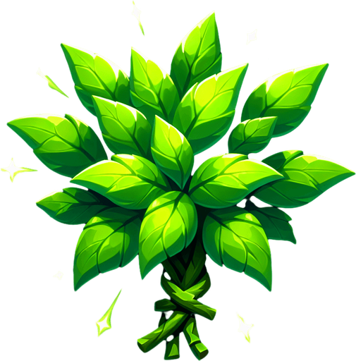 A bundle of glowing green herbs tied together, or a single stylized leaf with potent green light radiating from its veins..
Single Game Texture.  In-Game asset.  2d.  Blank background.  High contrast.  No shadows