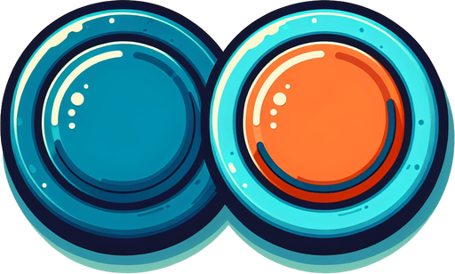 2 boutons de jeu vidéo ronds, un bleu et un orange, vides, style jeu vidéo, vue de dessus