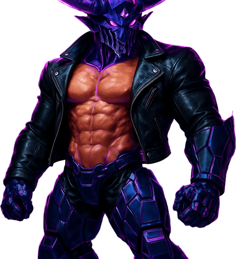Black leather biker jacket longsleeves shirtless muscles pecs abs hunky demon cyborg robot mecha cyberpunk neon manga futuristic monster stud beefcake