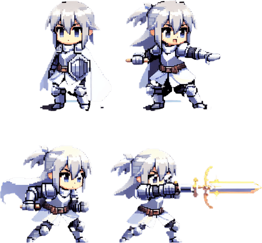 generate a 2d asset pixel art spritesheet of a anime girl knight with two frames. one idle and one attacking with a sword
Single Game Texture.  In-Game asset.  2d.  Blank background.  High contrast.  No shadows