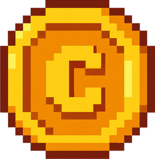 A pixelated coin.
In-Game asset.  2d.  High contrast.  No shadows
