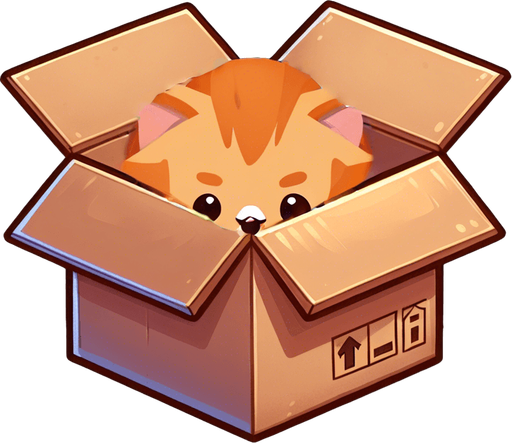 Detail of face head and ears of a cute Chibi ginger cat's looking from the box into the camera. Cheeky, happy. Brown eyes