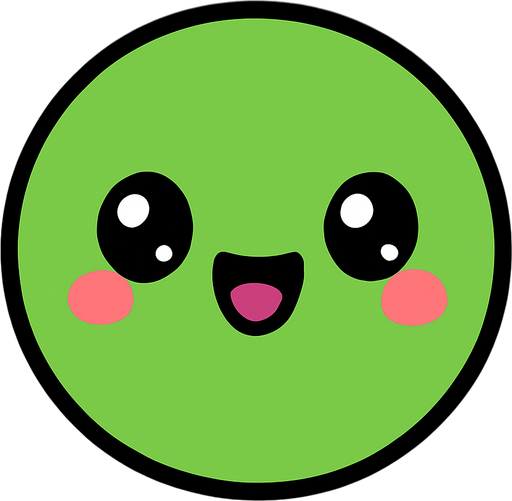 crea la imagen de una pelotita simple con una carita kawai verde.
In-Game asset.  2d.  High contrast.  No shadows