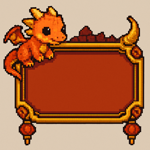 A horizontally-oriented pixel art score frame designed for a fantasy-themed 2D retro game featuring a baby dragon.
The frame is intended to be placed at the top center of the screen during gameplay.
It has a rounded rectangular shape with a rich dark red or deep gold background and mystical decorative accents.
The inside of the frame is filled with a solid warm color (not transparent) to allow number assets to be placed on top.
Small fantasy elements like tiny dragon scales, curved horns, or red lantern motifs can appear on the corners or edges to match the baby dragon theme.
The overall look is mystical, cute, and fits a traditional Eastern-inspired fantasy aesthetic..
In-Game asset.  2d.  High contrast.  No shadows. pixel art. side view. fantasy. retro game. dragon theme. eastern style. cute. rich colors. mystical