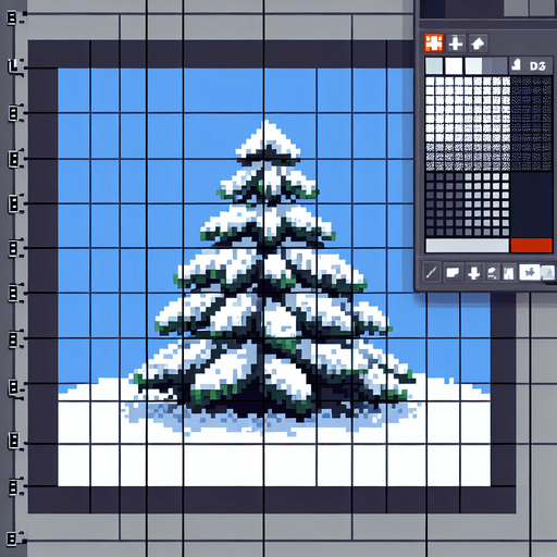 pixel art of a spruce tree covered in snow. Single Game Texture. In-Game asset. 2d. Blank background. High contrast. No shadows.