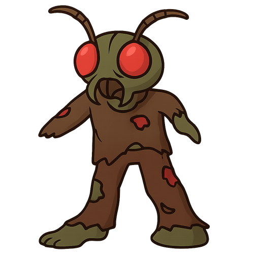 bug headed zombie. No background. Transparent background. Blank background. No shadows. 2d. In-Game asset. flat
