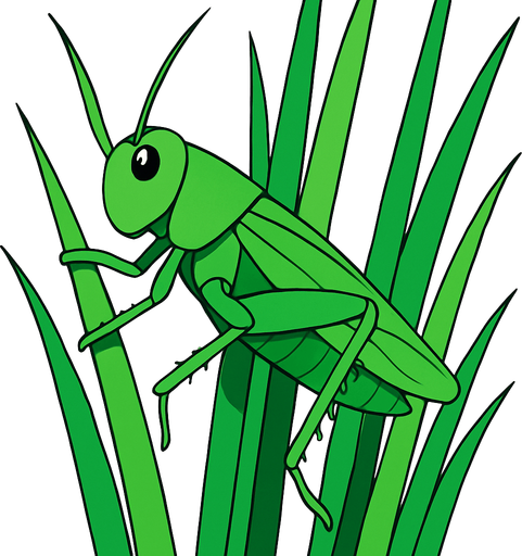 gambar 2d anime belalang hijau menempel di rumput panjang.
In-Game asset.  2d.  High contrast.  No shadows