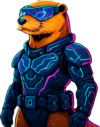 Create a hyper-detailed digital illustration of a sleek, golden-furred otter standing confidently in a neon-lit cyberpunk city at night. The otter wears high-tech armor with glowing blue and magenta circuitry patterns, a visor with holo-display reflections, and a utility belt of futuristic gadgets. Rain slicks the wet street beneath its feet, and towering skyscrapers with animated billboards loom behind. Moody atmosphere, vibrant neon color palette, cinematic lighting, 4K resolution, game-ready character portrait..
In-Game asset.  2d.  High contrast.  No shadows
