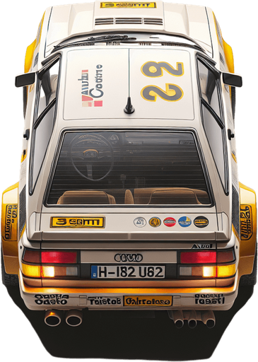 Photorealistic Audi Quattro B2 rally car with yellow stickers, from topback view
