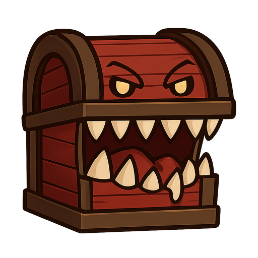 a red chest mimic. No background. Transparent background. Blank background. No shadows. 2d. In-Game asset. flat