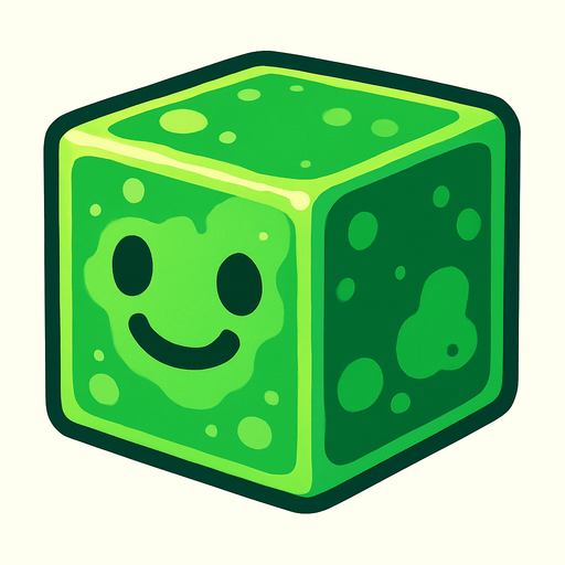 Cubo de slime con cara feliz.
In-Game asset.  2d.  High contrast.  No shadows