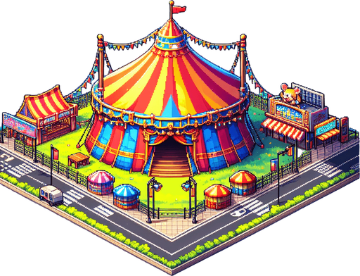 8 bit colorfull image about anime image of circus tent at city field.
Single Game Texture.  In-Game asset.  2d.  Blank background.  High contrast.  No shadows