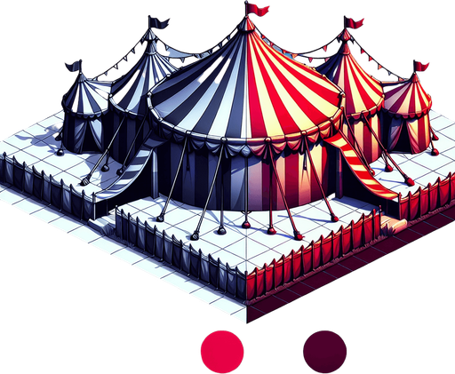 circus tent png image.
Single Game Texture.  In-Game asset.  2d.  Blank background.  High contrast.  No shadows