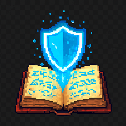 "2D pixel art of a glowing blue shield symbol emerging from an open magical spellbook. The spellbook has old, worn covers and glowing arcane runes on its pages. The shield symbol floats above the book, made of radiant blue magical energy, slightly transparent and softly glowing. It represents protection or a defensive spell. Style is classic 16-bit fantasy RPG pixel art. Transparent background.".
In-Game asset.  2d.  High contrast.  No shadows