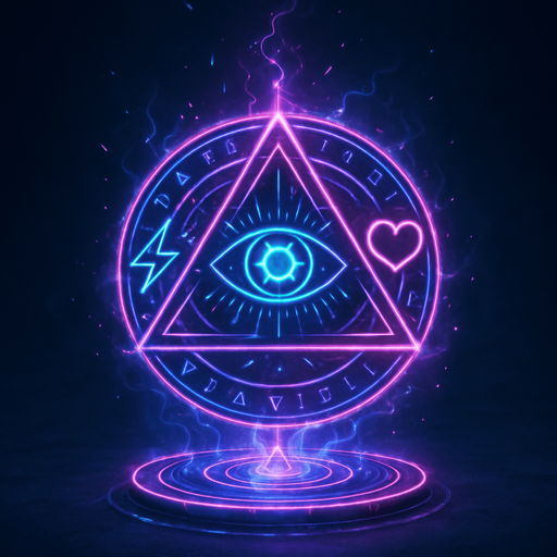 Magical spell effect 3d cyberpunk hologram sigils geometry eyeball heart lightning glow