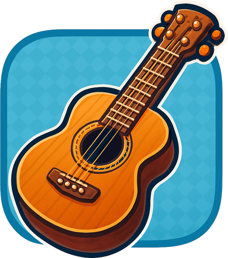 A bold, game-style illustration of an acoustic guitar with a wooden body, visible strings, and a detailed sound hole. Slight 3D shading and a clean, vector outline. Friendly, colorful look with transparent rounded background, optimized for mobile games..
In-Game asset.  2d.  High contrast.  No shadows