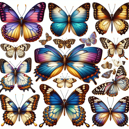 Sprite sheet with several differently colored butterflies. Realistic. No outline. No shadows. No backgrounds..