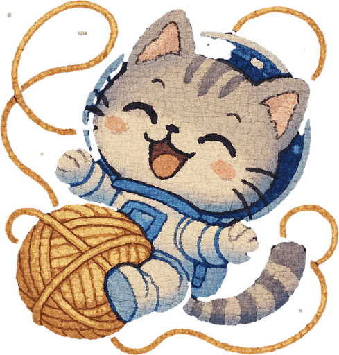 A cute kitten, illustrated in an adorable chibi anime style and wearing an astronaut suit, is playfully tangled in a ball of yarn, floating through space with overwhelming joy. Its eyes are shut tight in pure happiness, and its movements are full of energetic delight.