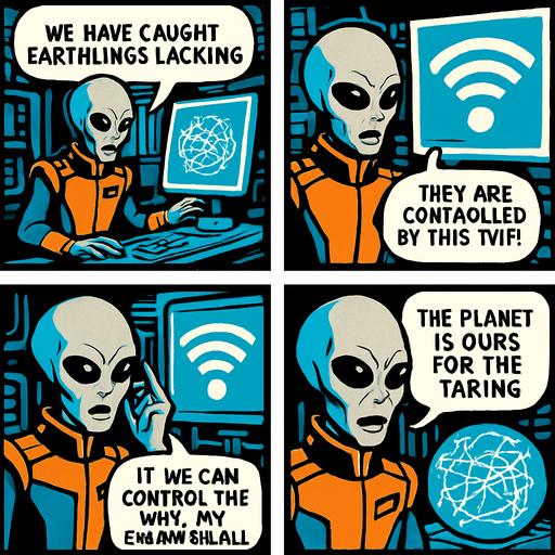 "Comic book style 4 panels of grey alien commander receiving transmission on holographic display showing Earth's internet infrastructure map,  text bubbles saying ' we have caught the earthlings lacking'  'they are controlled by this WiFi signal' 'if we can control the WiFi, we can enslave them all' 'the planet is ours for the taking' sci-fi comic book technology designs".
In-Game asset.  2d.  High contrast.  No shadows