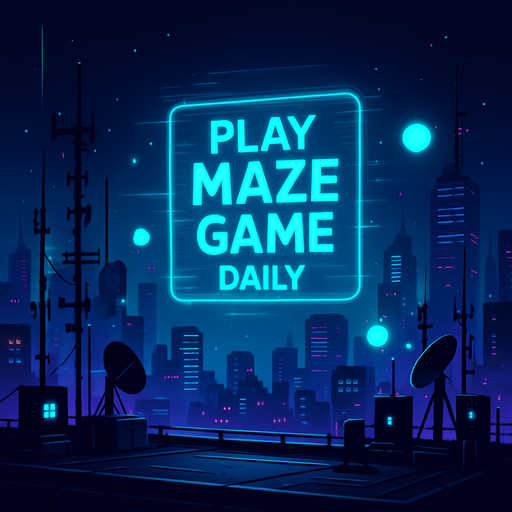 Design a nighttime rooftop vista overlooking a cyberpunk cityscape. Array of antennae and digital transmitters punctuate the skyline, while a floating holo-banner flashes ‘Play Maze Game daily.’ Add subtle lens flares, hovering data orbs, and background neon glow—perfect as a level 3 menu backdrop without any characters or coins..
In-Game asset.  2d.  High contrast.  No shadows