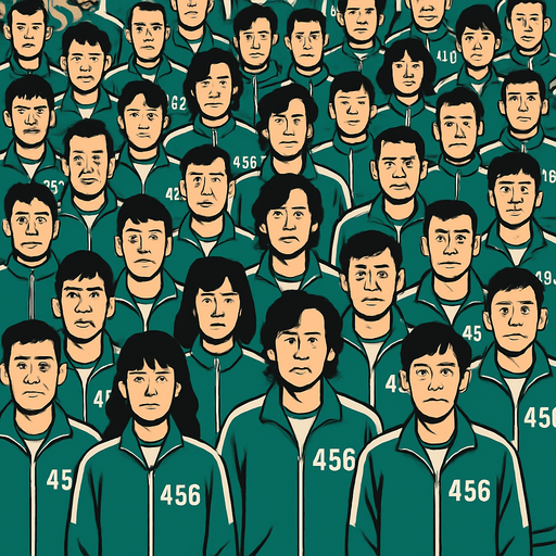 a lot of people in squid game clothes.
In-Game asset.  2d.  High contrast.  No shadows