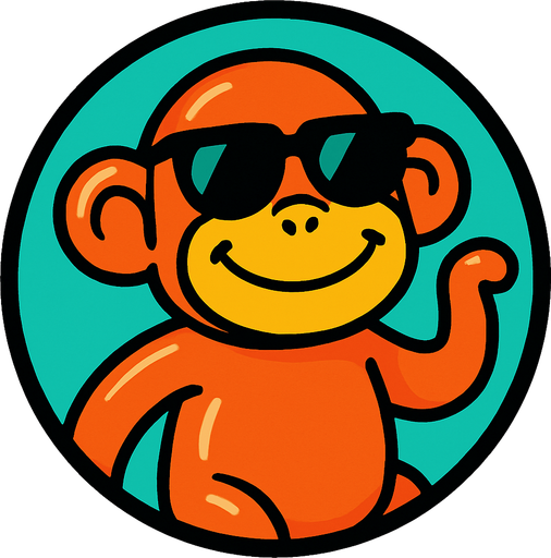un monito en una imagen redonda, el monito lleva gafas de sol, es de plastico y tiene una sonrisa.
In-Game asset.  2d.  High contrast.  No shadows