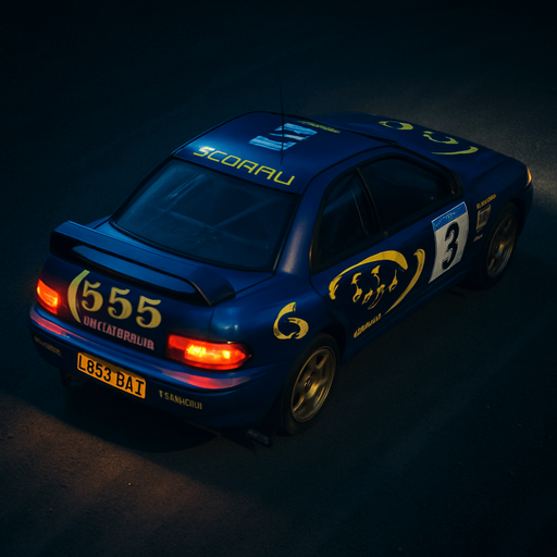 Photorealistic 1990'S Subaru Impreza WRC Rallycar in nightlight, drone topview from back and 45 degrees angle in top right corner