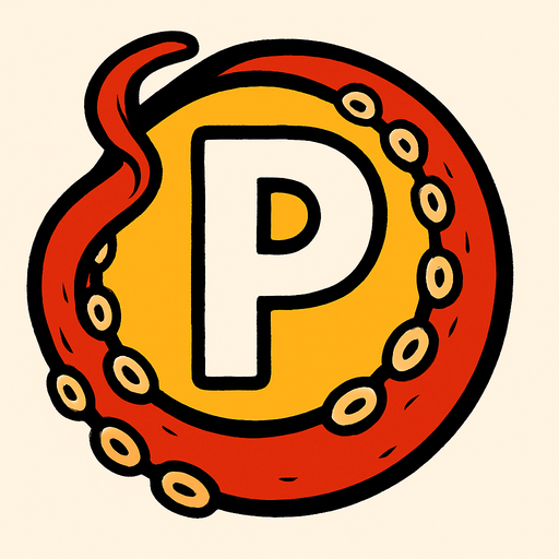 una p dentro de una esfera con un brazo de un pulpo rojo rodeandola.
In-Game asset.  2d.  High contrast.  No shadows