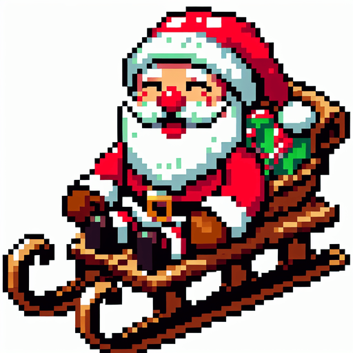 8-bit. cartoon. santa on sledge. smiling. in game asset. Single Game Texture. In-Game asset. 2d. Blank background. High contrast. No shadows.