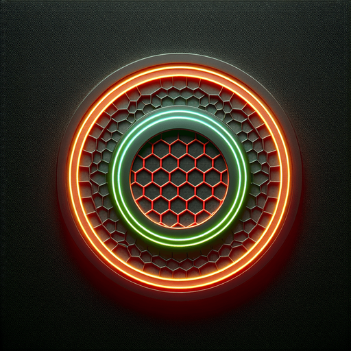 PHOTOREALISTIC Simple black circular arena with honeycomb pattern. 
In the center is a neon green circle with a circle colored red along the edge. 
TOP VIEW.