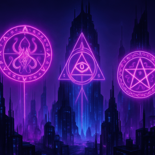 16:9 banner, Neon cyberpunk horror landscape scene futuristic spires skyscrapers towers skyline hologram sigils lovecraftian bladerunner tower defense neon purple blue pink occult sigils projections 3d